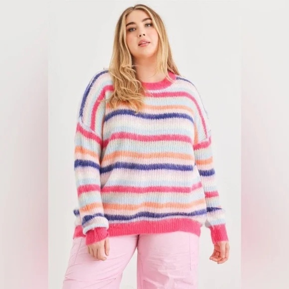 Plus Size Fuchsia Mix Stripe Knit Long Sleeve Sweater